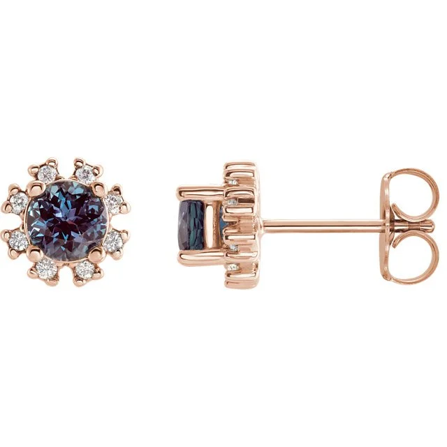 Pure shine earrings-14KT GOLD ROUND LAB ALEXANDRITE & DIAMOND FLOWER HALO EARRINGS