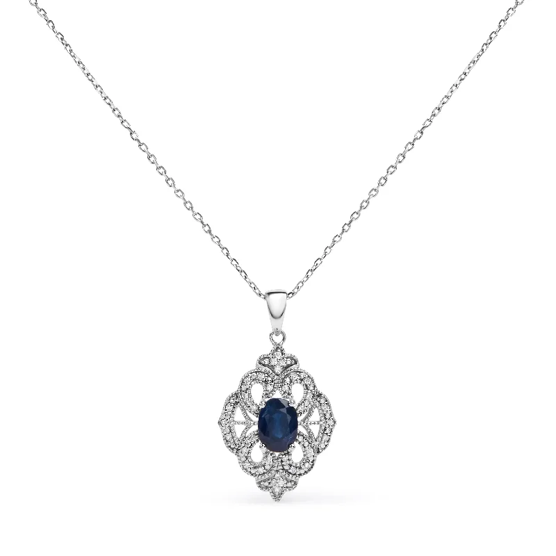 Bold chain necklaces-.925 Sterling Silver 7x5 MM Oval Blue Sapphire and Diamond Accent Art Deco Style Shield Shaped 18" Pendant Necklace