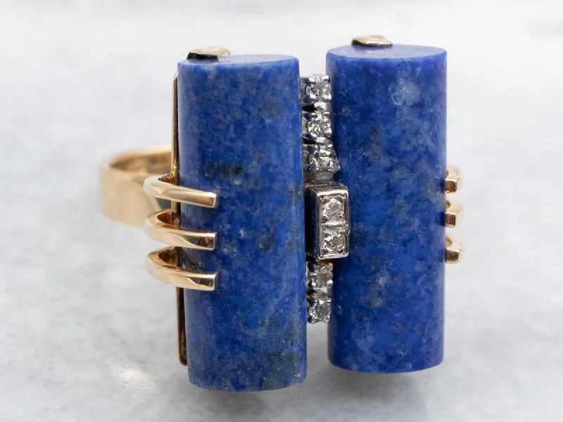 Owl design rings-Mid-Century Cylindrical Lapis Ring with Diamond Accents