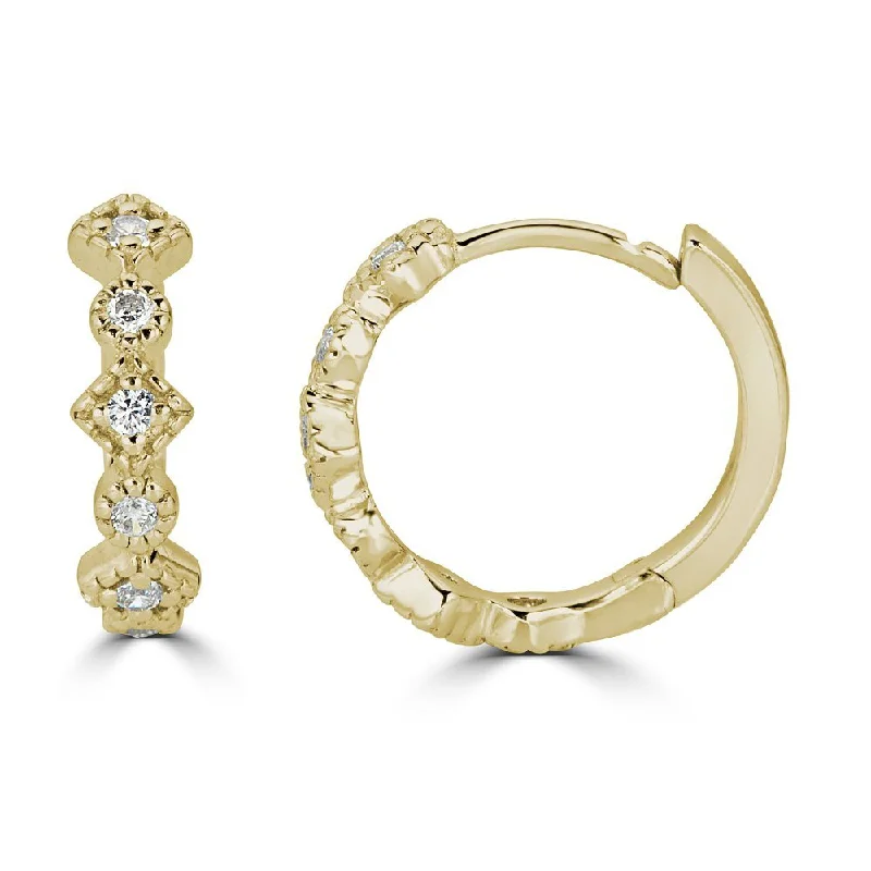 Aged flair earrings-14KT GOLD .12 CTW DIAMOND ALTERNATING SHAPE HUGGIE HOOP EARRINGS