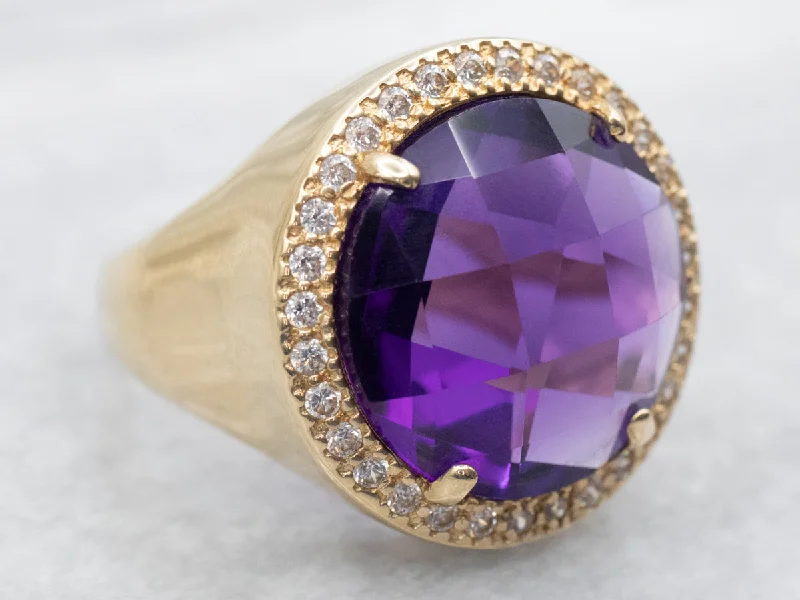 Fine clay rings-Yellow Gold Amethyst Cocktail Ring with Diamond Halo