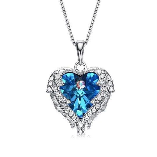 Tulip flower necklaces-Blue Crystal Angel Wings Heart Shaped Women's Necklace