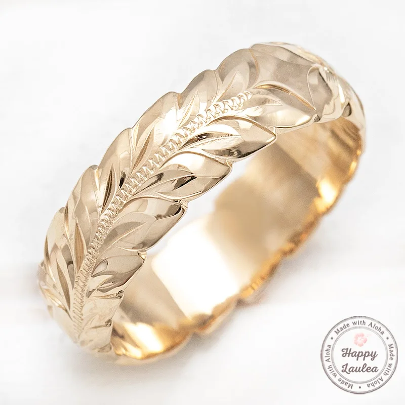 Clear star rings-Solid Gold Hand Engraved Ring [6mm] Hawaiian Maile Leaf Design - Barrel Shape