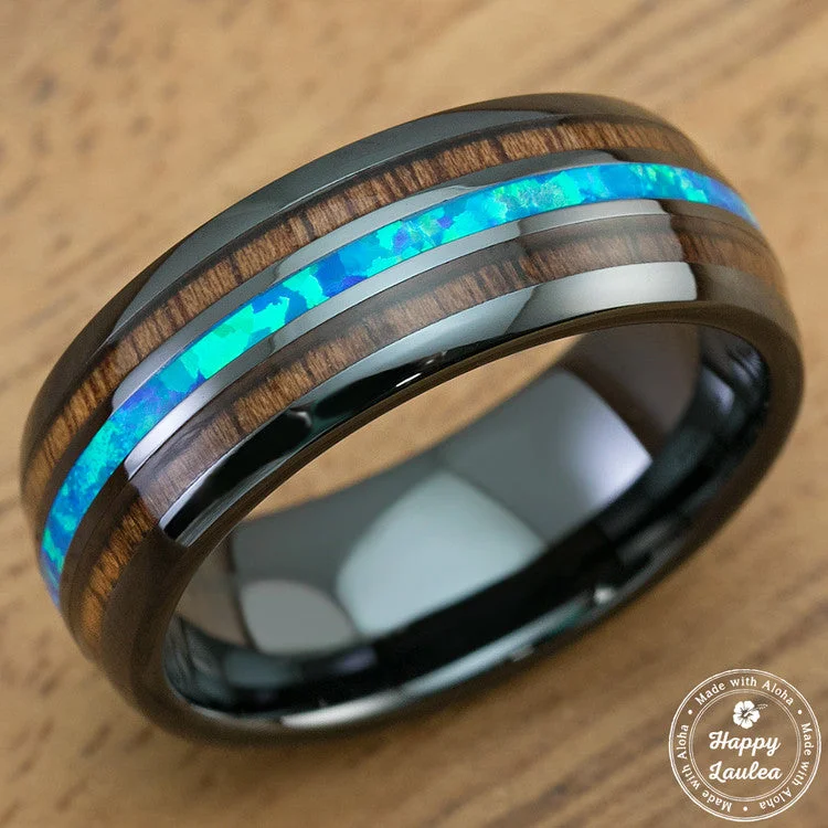 Agate gem rings-HI-TECH Black Ceramic Ring with Blue Opal & Hawaiian Koa Wood Tri Inlay - 8mm, Dome Shape, Comfort Fitment