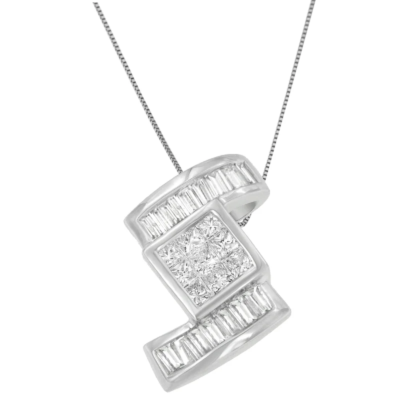 Galaxy charm necklaces-14K White Gold 1 2/5 cttw Princess and Baguette Cut Diamond Zig Zag Pendant Necklace