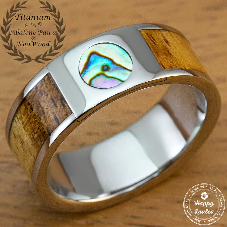 Clear star rings-Titanium 8mm Ring with Abalone Pau'a Shell and Hawaiian Koa Wood Inlay