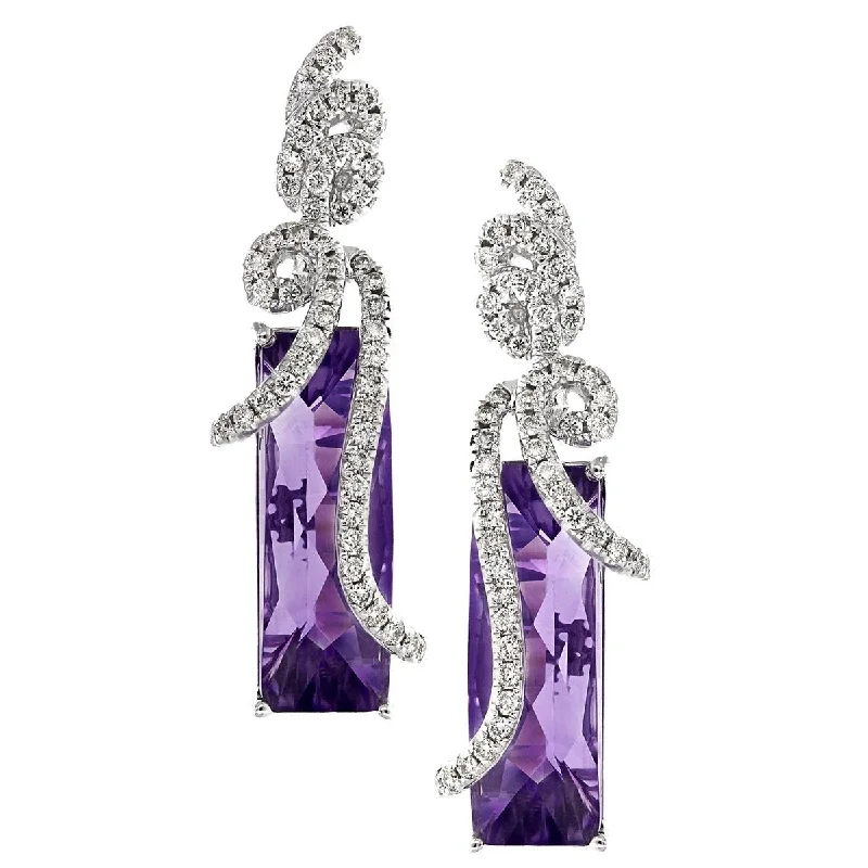 Topaz earrings-14KT WHITE GOLD EMERALD CUT AMETHYST AND DIAMOND EARRINGS