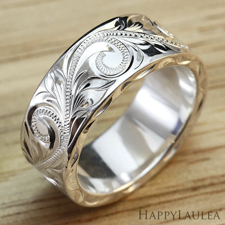 Aged vow rings-Sterling Silver 8mmx2mm 'Heavy Style' Hawaiian Jewelry Hand Engraved Ring - Flat Shape, Standard Fitment