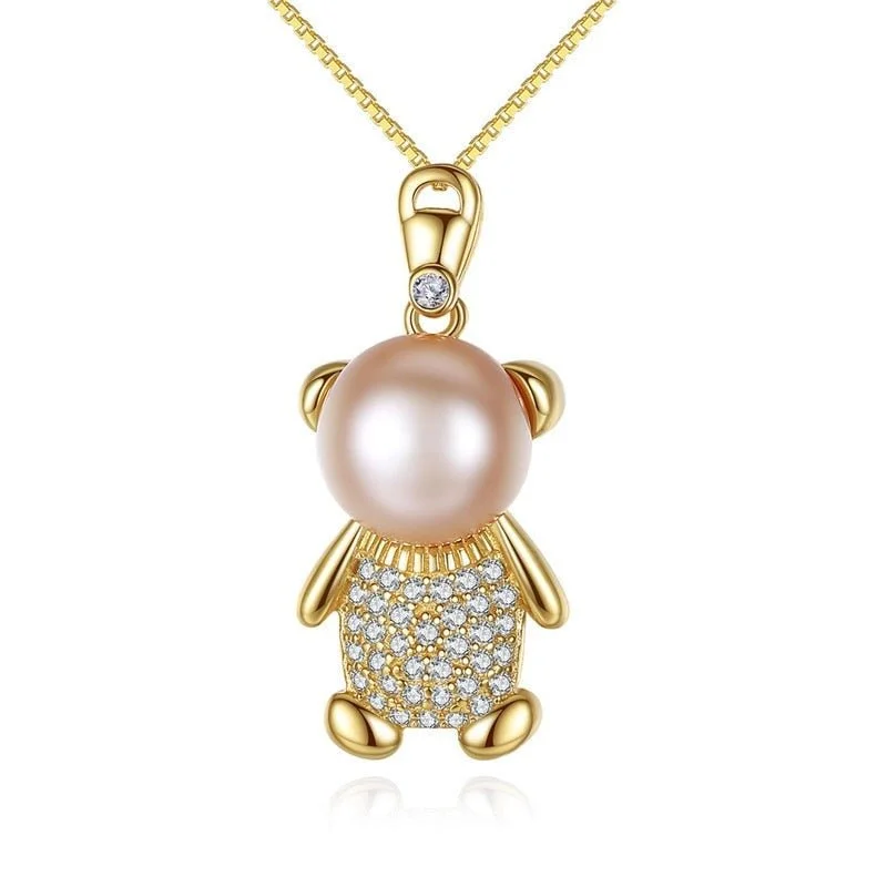 Clear crystal necklaces-Cute Bear Freshwater Pearl Pendant Necklace