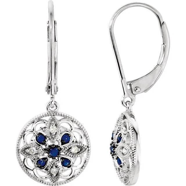 Fine hoop earrings-14KT GOLD SAPPHIRE & DIAMOND GRANULATED FILIGREE EARRINGS