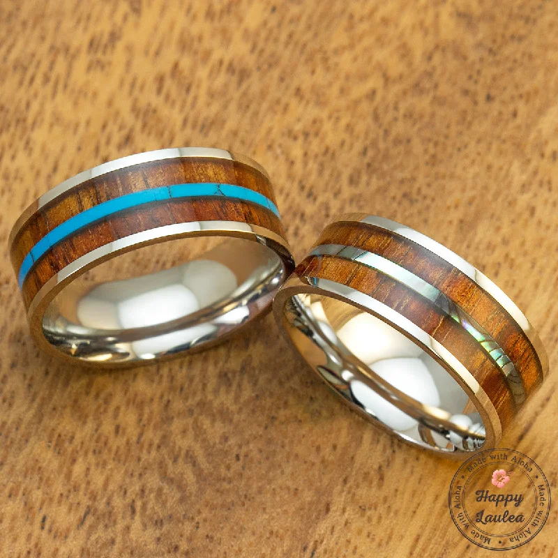 Solid stone rings-Pair of Assorted 8mm Tungsten Carbide Koa Wood Rings with Mid-Strip Abalone Shell & Turquoise, Comfort Fitment, Flat Style