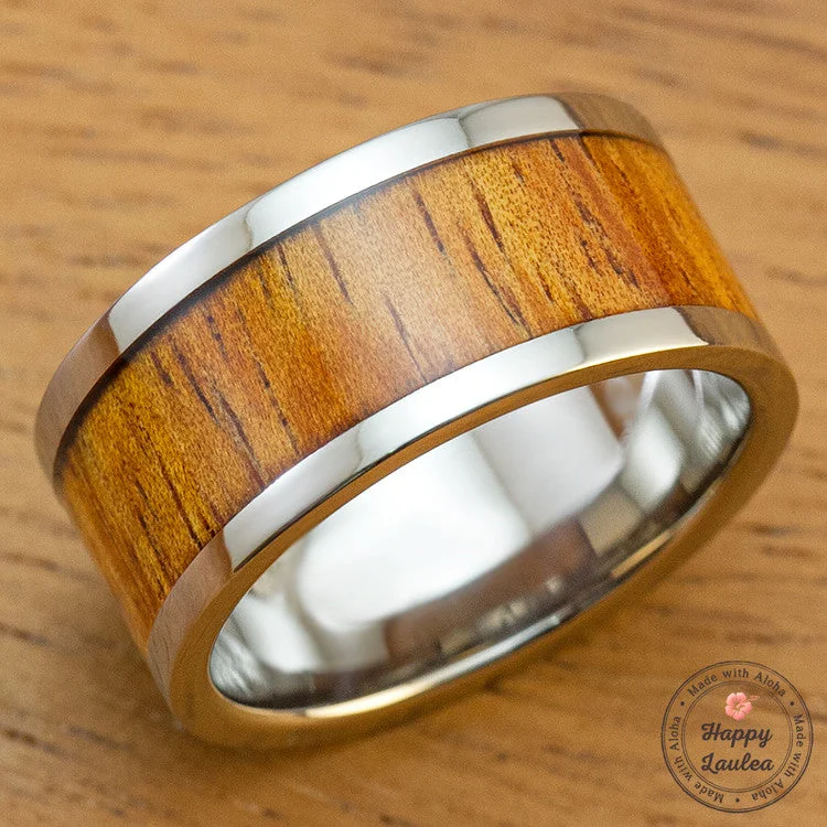 Fine clay rings-Titanium Ring with Hawaiian Koa Wood Inlay - 10mm, Flat Shape, Standard Fitment