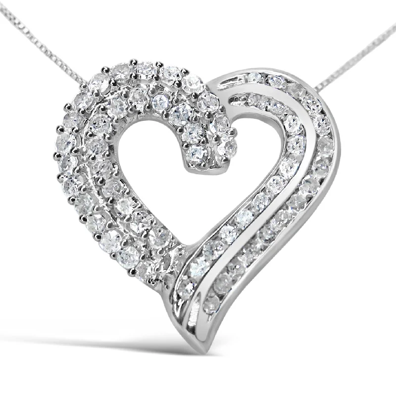 Coil knot necklaces-.925 Sterling Silver 1.0 Cttw Prong & Channel-Set Diamond Open work Ribbon Heart Pendant 18" Necklace