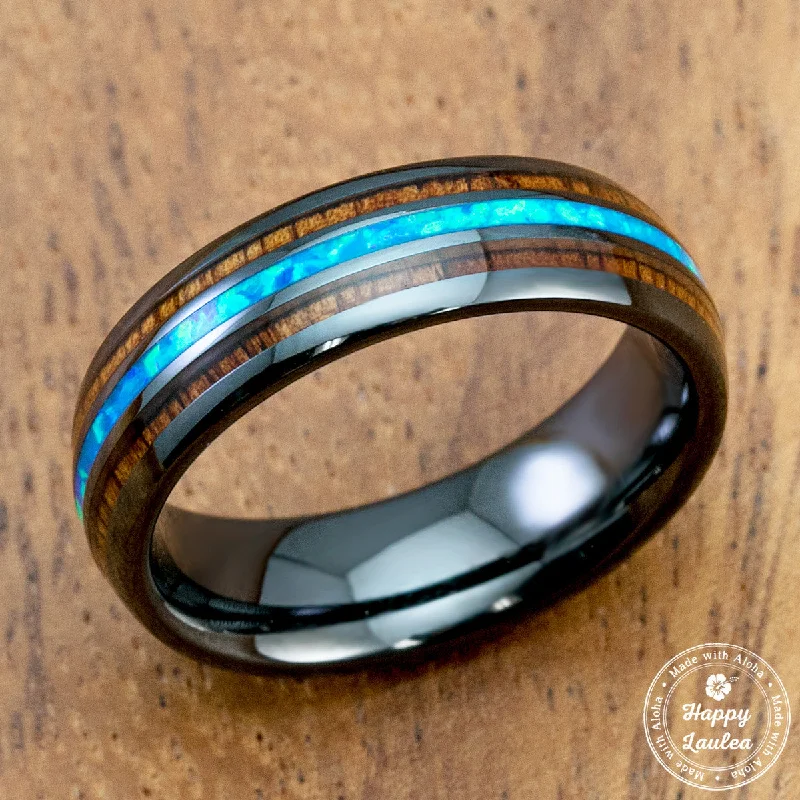 Oxidized bronze rings-HI-TECH Black Ceramic Ring with Blue Opal & Koa Wood Tri-Inlay - 6mm, Dome Shape, Comfort Fitment