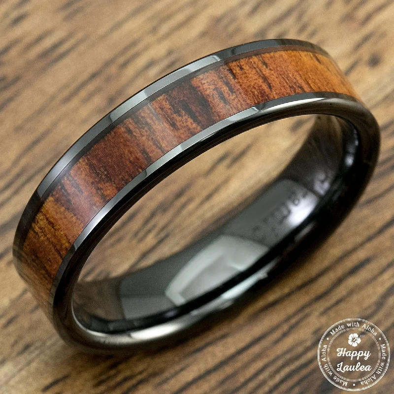 Ocean inlay rings-HI-TECH Black Ceramic Ring with Koa Wood Inlay - 6mm, Flat Shape, Comfort Fitment