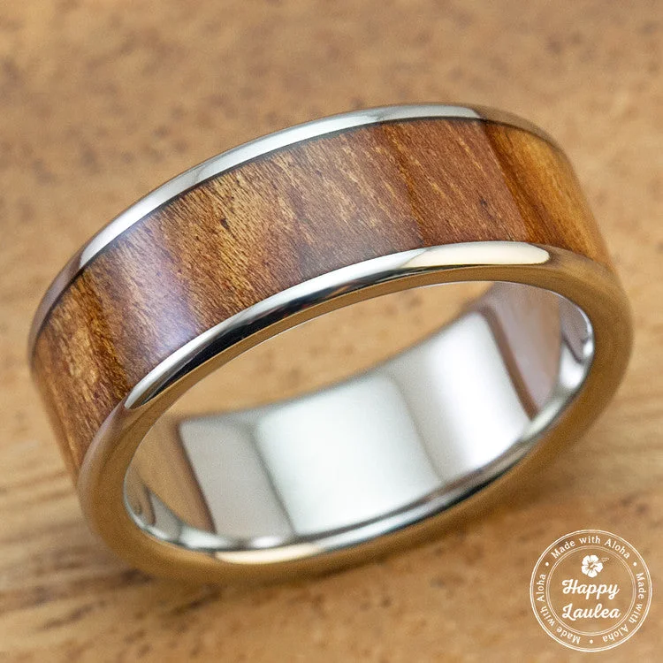 Thread edge rings-Titanium Ring with Hawaiian Koa Wood Inlay - 8mm, Flat Shape, Standard Fitment