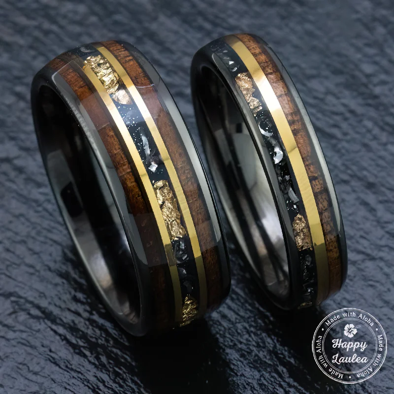 Woven motif rings-Pair of Gun Grey Tungsten Carbide Ring [5&8mm width] 18K Gold Flake, Meteorite, & Hawaiian Koa Wood