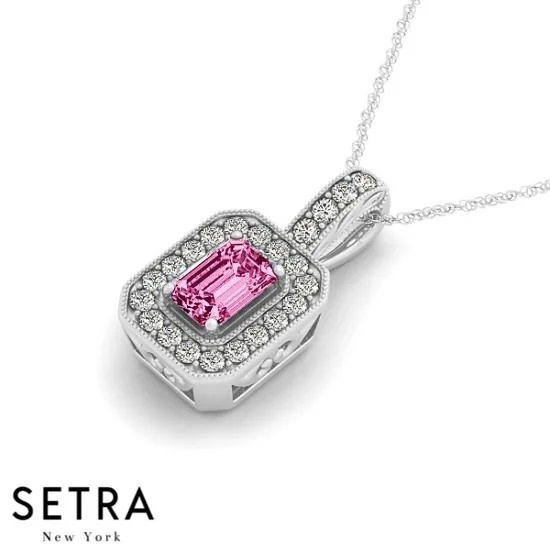 Stone-twisted necklaces-18K Gold Round Cut Diamonds & Emerald Pink Sapphire  In Halo Setting Necklace