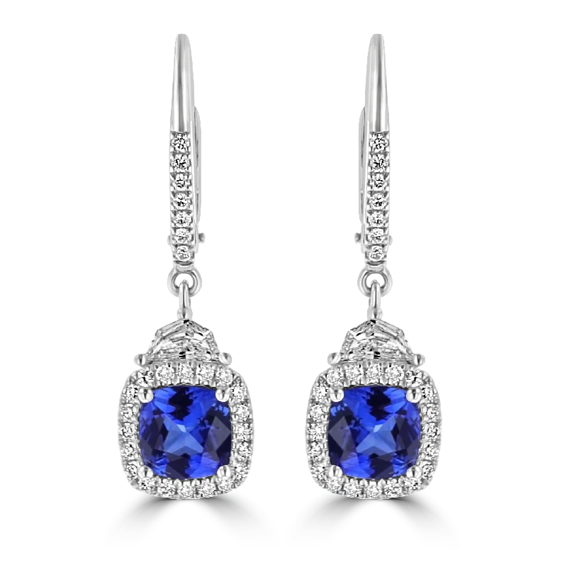 Ocean theme earrings-JULEVE 18K 2.22 CTW SAPPHIRE & 0.72 CTW DIAMOND HALO DROP EARRINGS