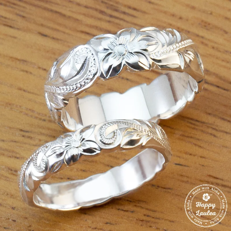 Pine grain rings-Pair of 925 Sterling Silver Hand Engraved Old English Design Rings - 4&6mm, Dome Shape, Standard Fitment