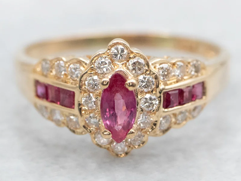 Fine thread rings-Modern Gold Ruby Ring with Diamond Halo and Shoulders