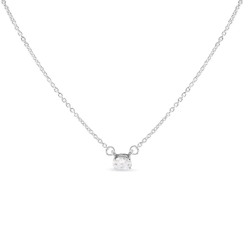 Sapphire drop necklaces-14K White Gold 1/4 Cttw Lab Grown Oval Solitaire Diamond East West 18" Pendant Necklace