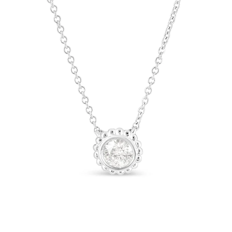 Bright gem necklaces-10K White Gold 1/2 Cttw Bezel Set Round Diamond Sunflower Finish 18" Pendant Necklace