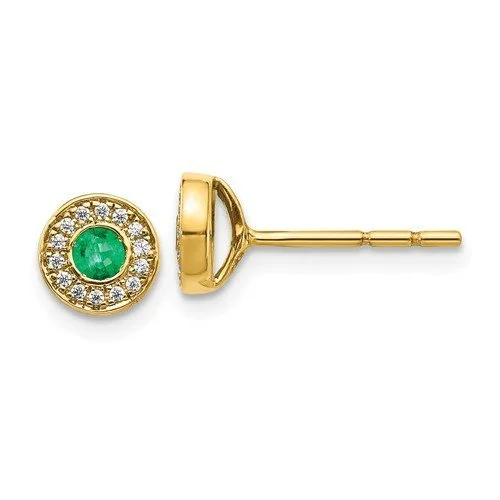 Reed style earrings-14KT YELLOW GOLD 0.21 CTW EMERALD & 0.09 CTW DIAMOND HALO EARRINGS