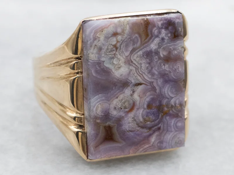 Fine star rings-Yellow Gold Rectangle Cut Lace Agate Solitaire Cocktail Ring