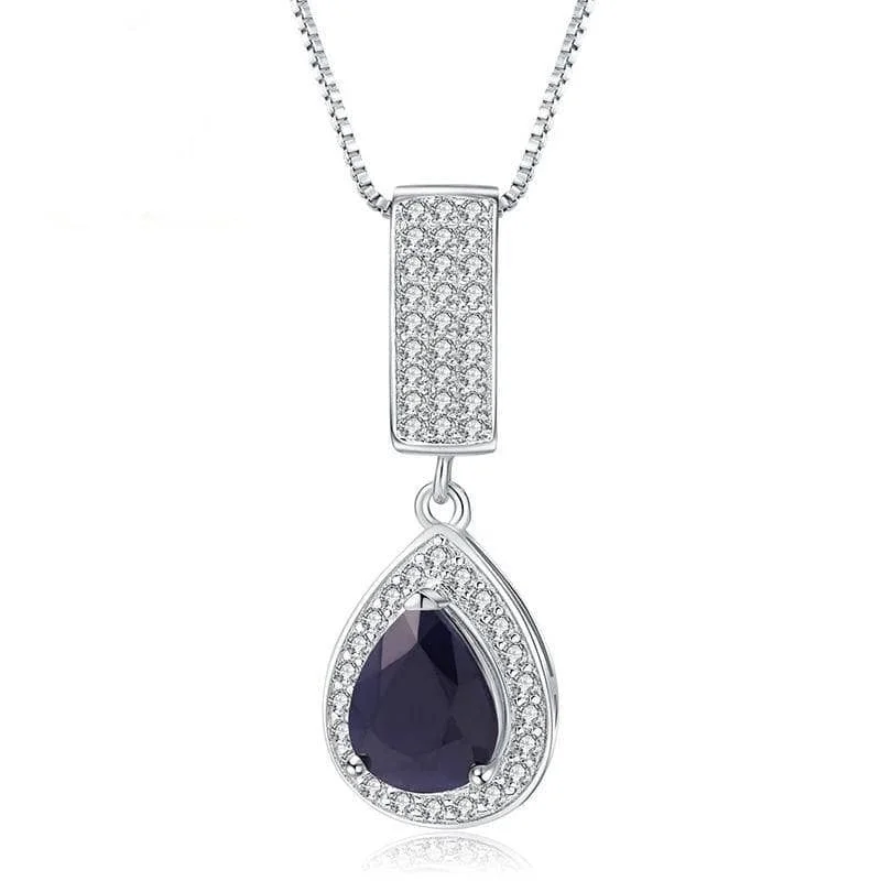 Tilted design necklaces-1.29 Ct Natural Water Drop Blue Sapphire Elegant Pendant Necklace