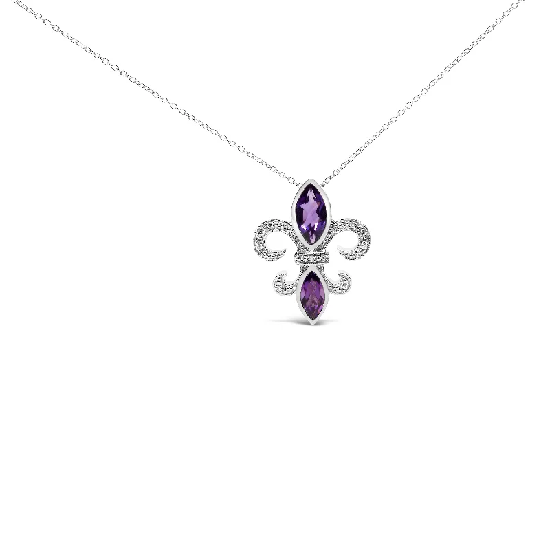 Hanging gem necklaces-.925 Sterling Silver Purple Amethyst Marquise and Diamond Accent Fleur De Lis Pendant Necklace