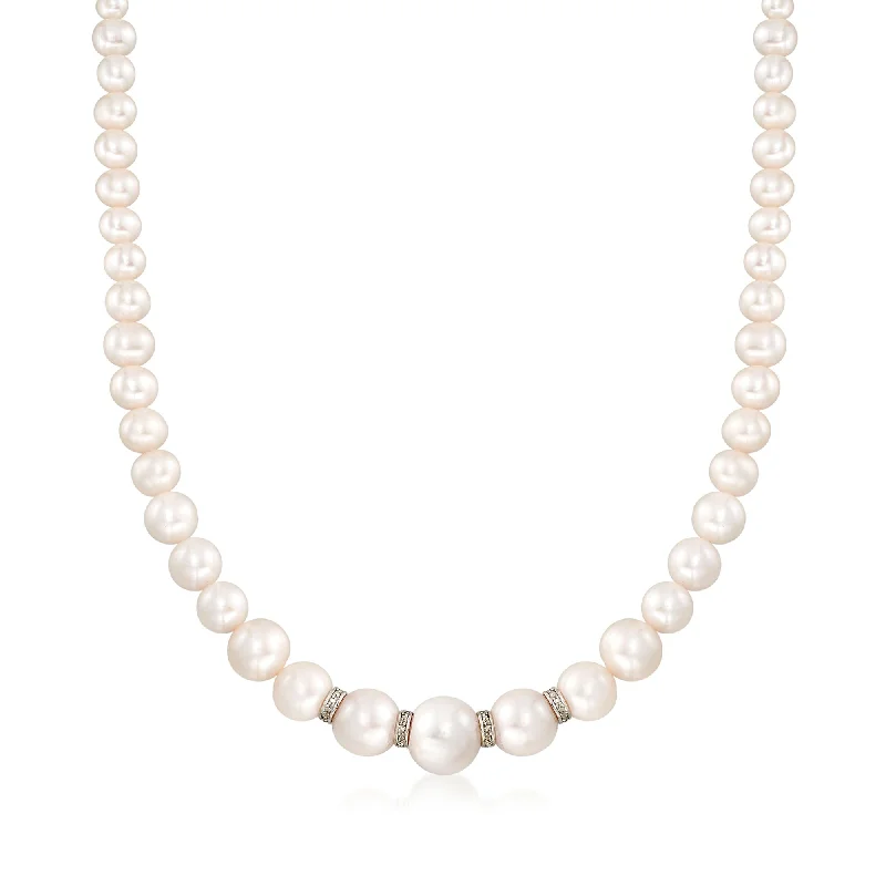 Solid gem necklaces-Ross-Simons 5-11.5mm Graduated Cultured Pearl Necklace With . Diamonds and Sterling Silver