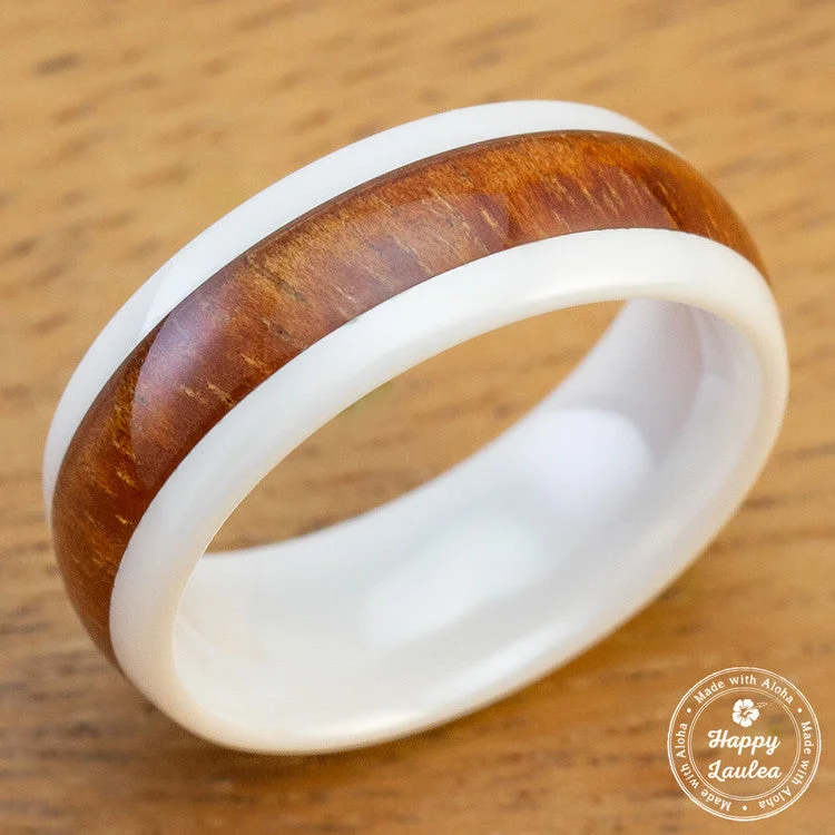 Sapphire solitaire rings-HI-TECH White Ceramic Ring with Hawaiian Koa Wood Inlay - 8mm, Dome Shape, Comfort Fitment