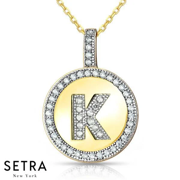 Pure diamond necklaces-INITIAL MICRO-PAVE FINE 18K GOLD CIRCLE DISC "K" DIAMONDS  NECKLACE