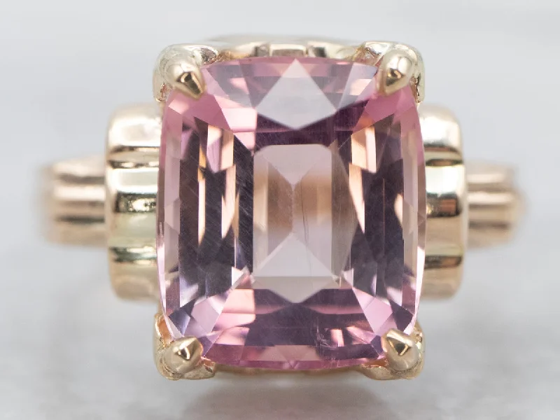 Regency style rings-Yellow Gold Emerald Cut Pink Tourmaline Solitaire Ring