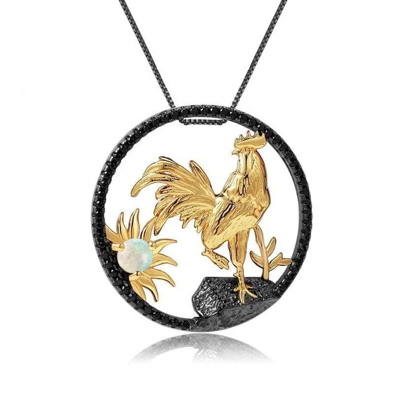 Modern art necklaces-Year Of The Rooster- Natural African Opal Gemstone Rooster Necklace