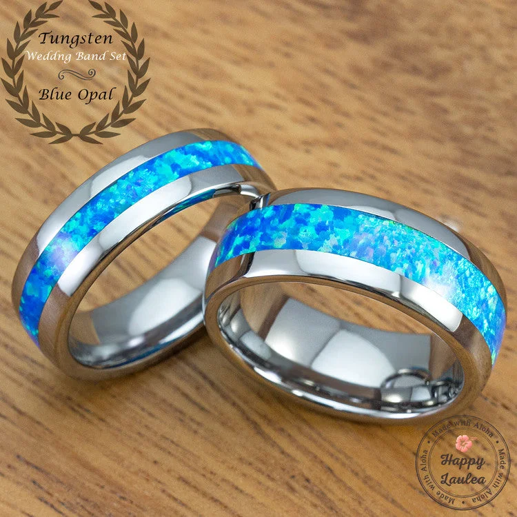 Shiny band rings-Pair of Blue Opal Tungsten Carbide Wedding Ring Set - 6&8mm, Dome Shape, Comfort Fitment