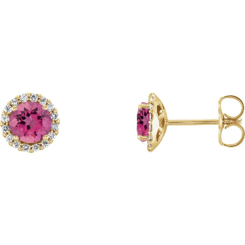 Vine hoop earrings-14KT GOLD 1.10 CTW PINK TOURMALINE & 1/6 CTW DIAMOND HALO EARRING