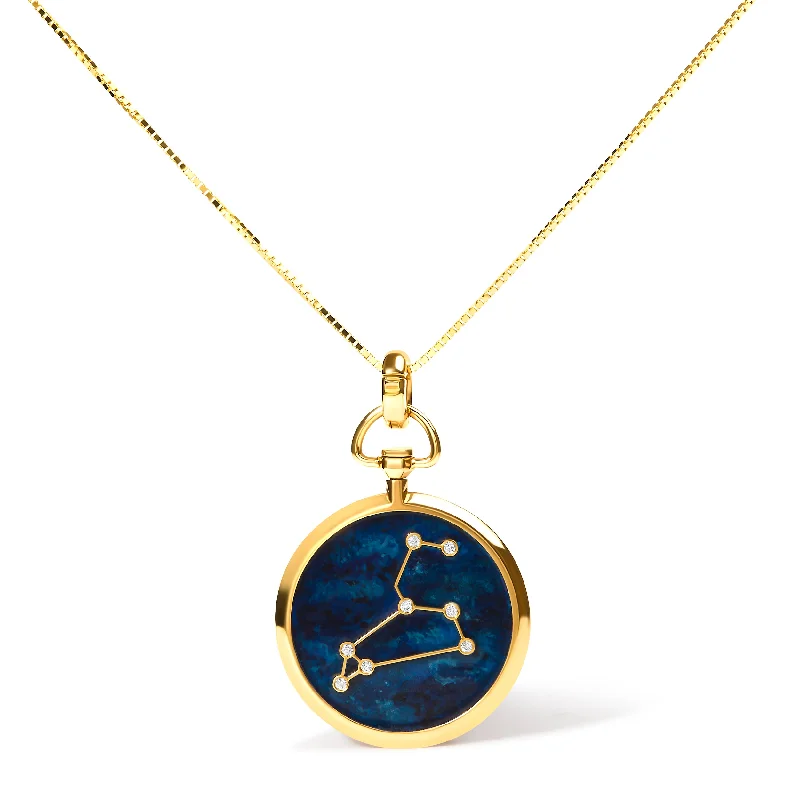 Agate stone necklaces-18K Yellow Gold Diamond Leo Constellation with Blue Enamel 18" Inch Pendant Necklace