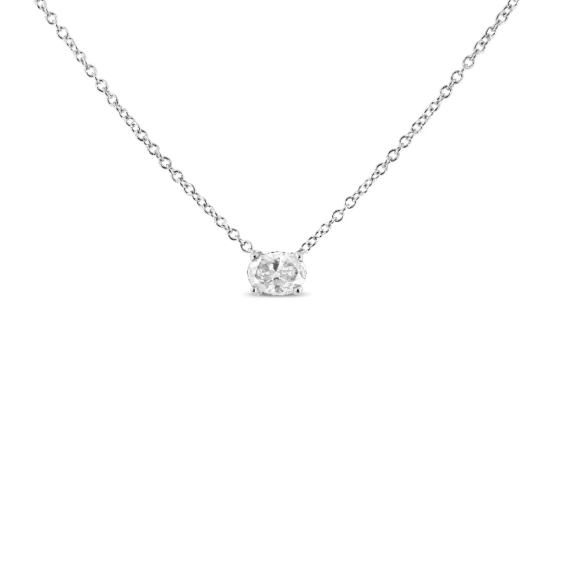 Fine filigree necklaces-14K White Gold Lab Grown Oval Solitaire Diamond East West 18" Pendant Necklace