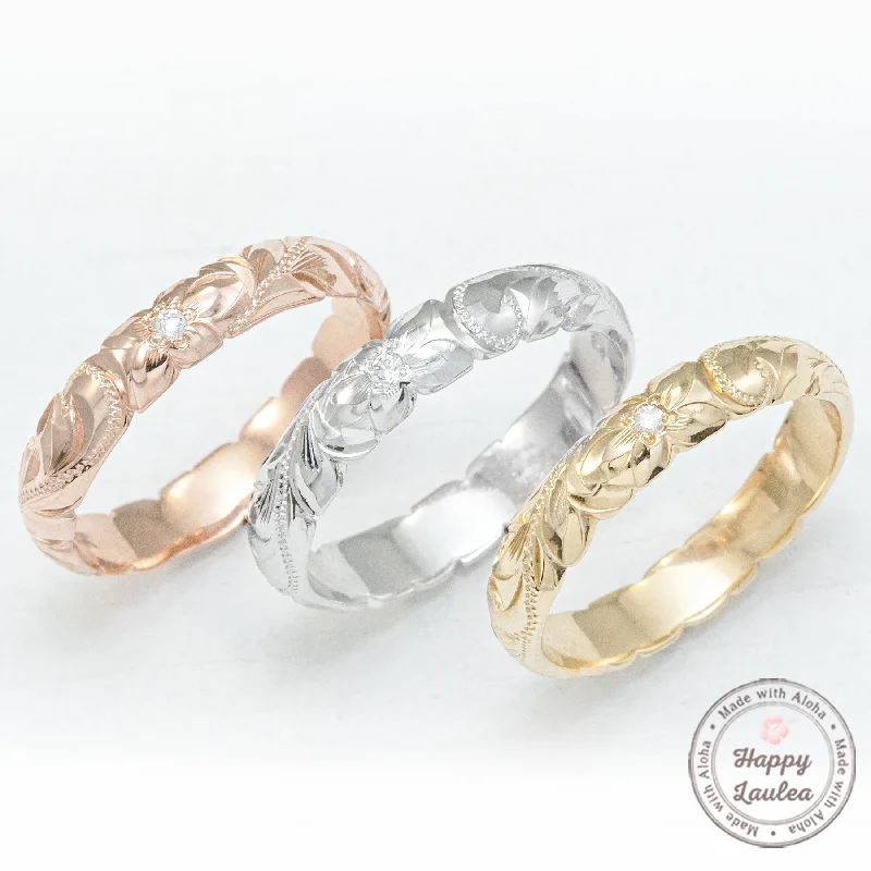 Soft wood rings-Solid Gold Hand Engraved Wave Edge Ring [4mm width] Hawaiian Old English Design - Barrel Shape