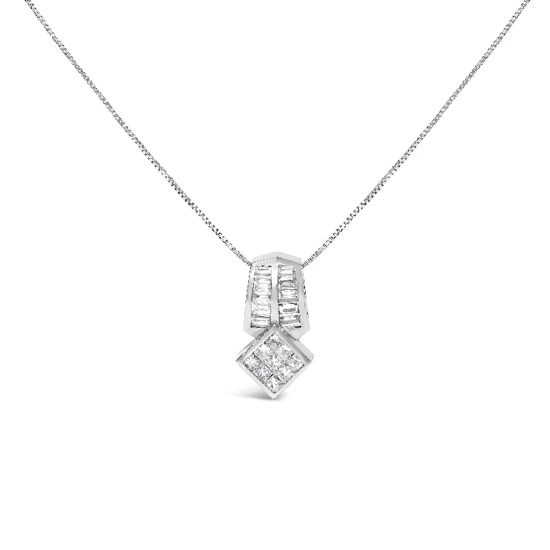 Gem strand necklaces-14K White Gold 1 1/2 cttw Princess and Baguette Cut Diamond Multi-shape Pendant Necklace