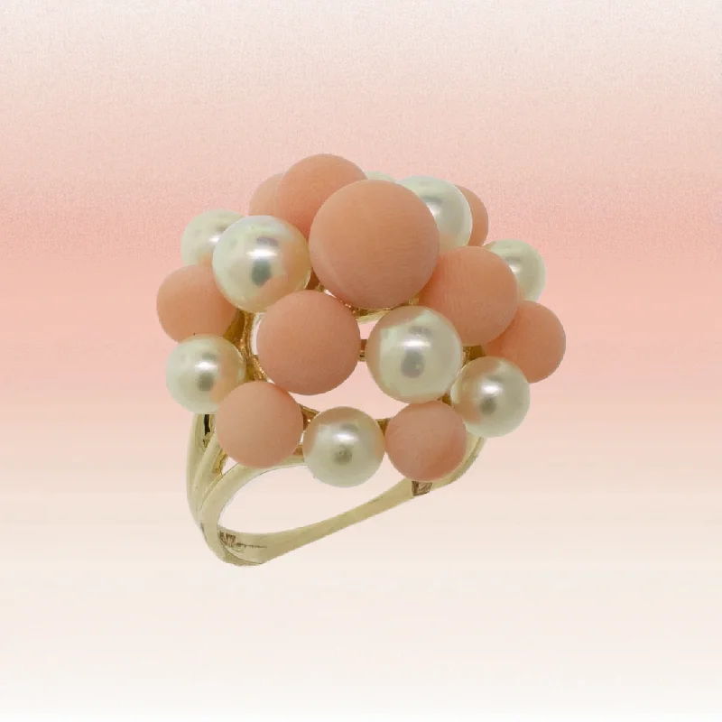 Vine carved rings-Pre-Owned 14K Yellow Gold Pink Coral & Cultured Pearl Ring, Size 7.25, 5.2 DWT