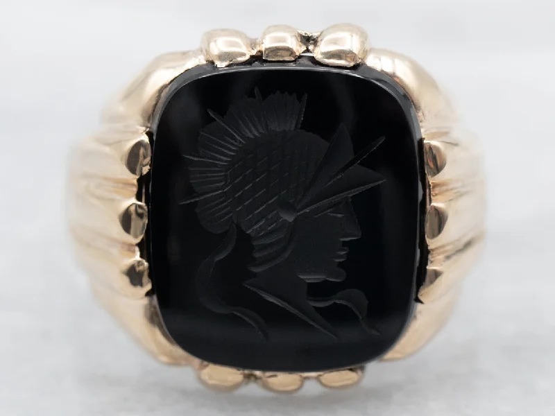 Solid band rings-Yellow Gold Black Onyx Intaglio Ring