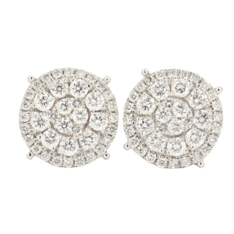 Stone-twisted earrings-14KW 1.50CTW DIAMOND ROUND CLUSTER EARRINGS WITH HALO