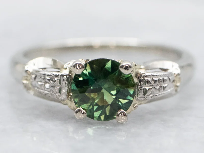 Shiny band rings-Vintage White Gold Green Sapphire Solitaire Ring