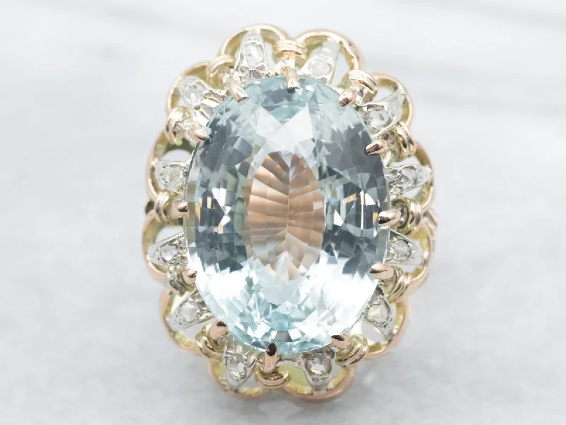 Ocean theme rings-Scalloped Blue Topaz Cocktail Ring with Diamond Halo