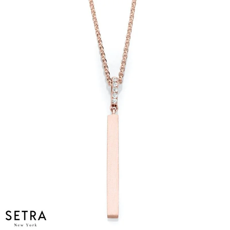 Wide bar necklaces-14K FINE ROSE GOLD WITH DIAMONDS LONG BAR NECKLACE MATT FINISH