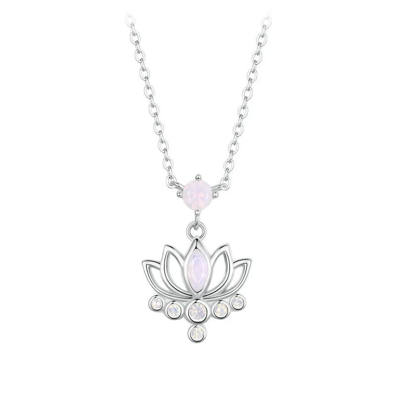 Thick bib necklaces-Pink Opal Lotus Flower Pendant Necklace