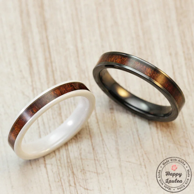 Solid band rings-Pair of Ceramic Rings with Hawaiian Koa Wood Inlay